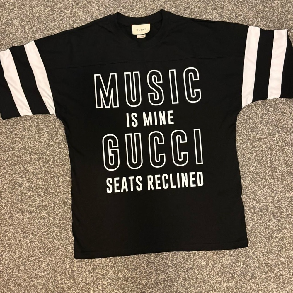 Gucci Black Short Sleeve Tee with White Graphic Text